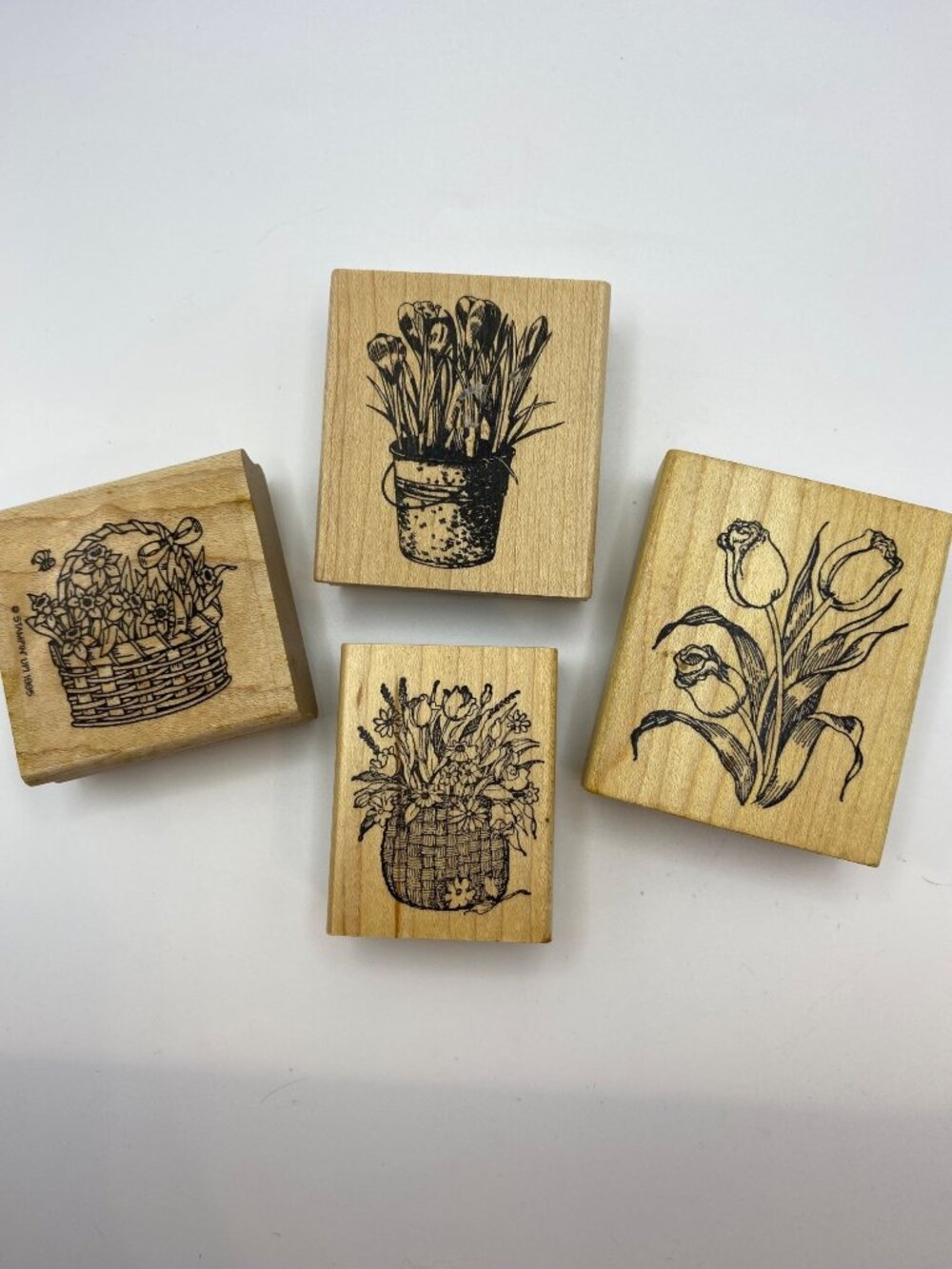 Set Of 4 Wooden Rubber Stamps With Floral Basket & Tulip Designs For Crafting &